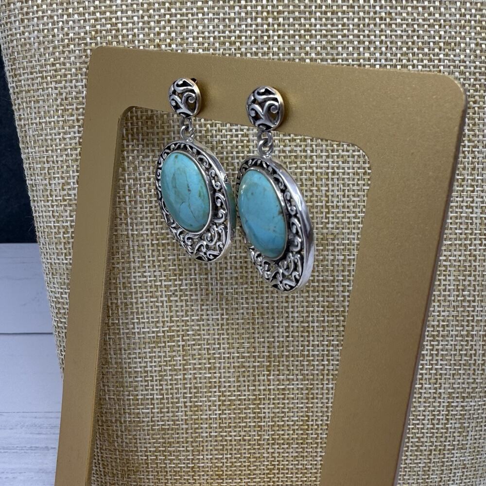 Vintage Barse 925 Sterling Silver Turquoise Post Pierced Dangle Earrings - Picture 4 of 7